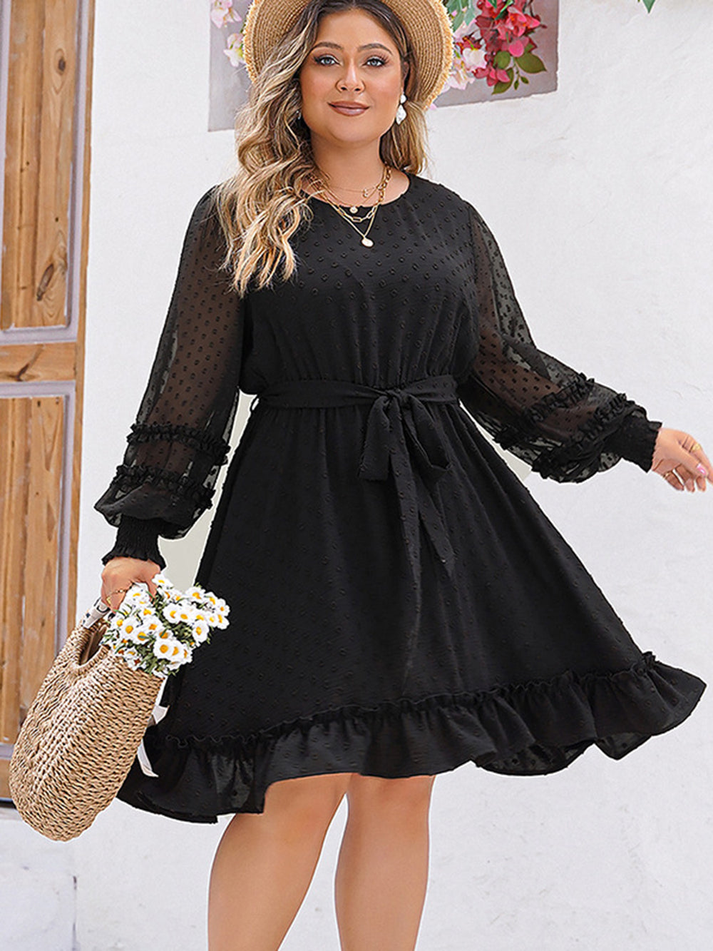 Elegant Plus Size Swiss Dot Black Long Sleeve Dress with Waist Tie and Flounce Hem