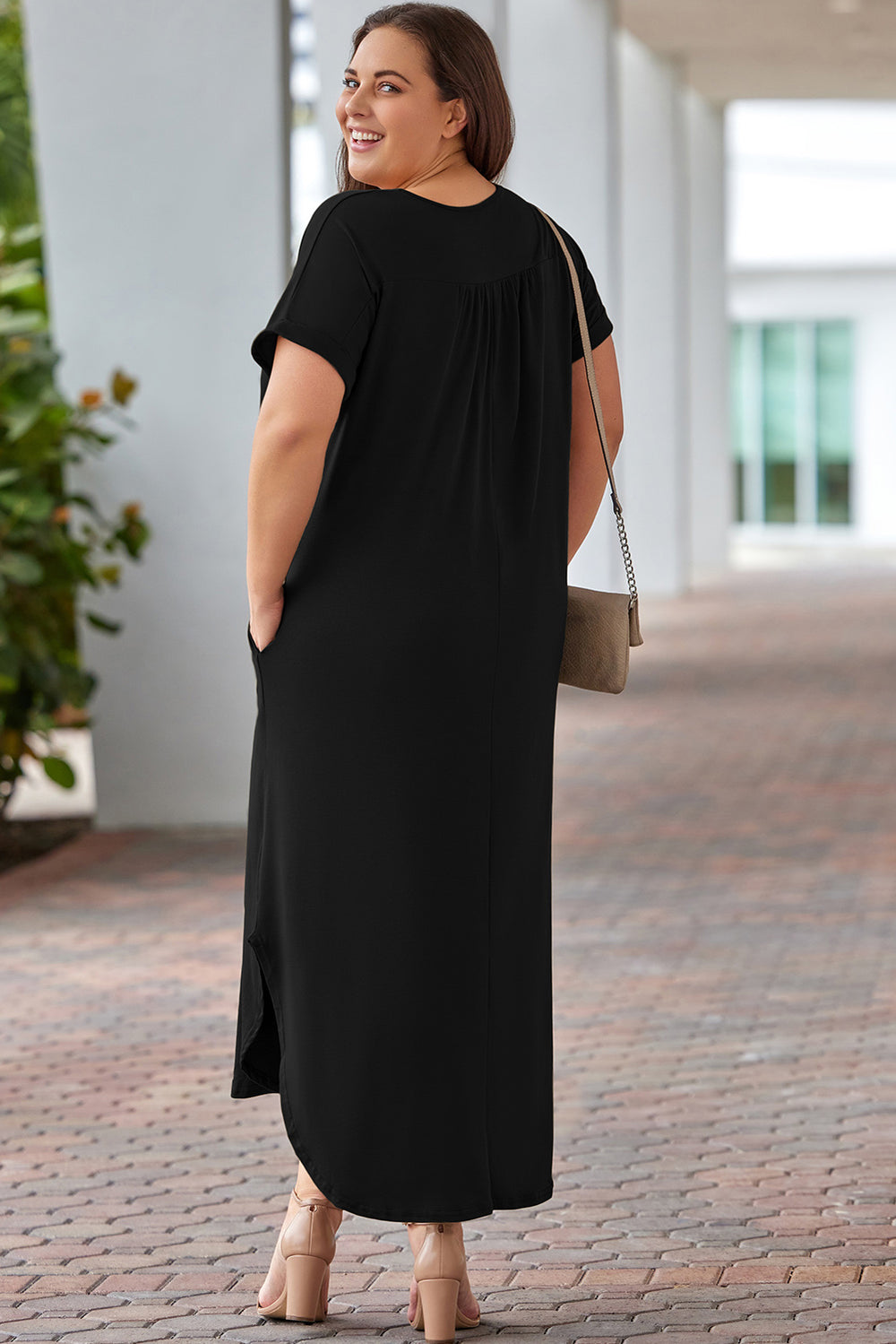 Black Plus Size V Neck Maxi Dress with Rolled Cuffs