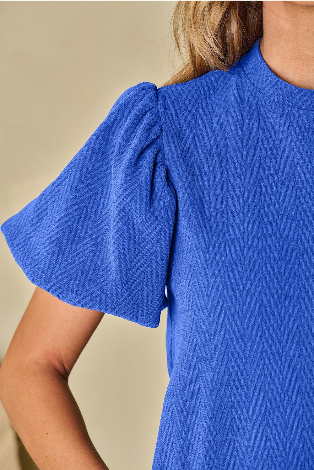 Sky Blue Solid Textured Puff Sleeve Mock Neck Blouse - Elegant & Modern