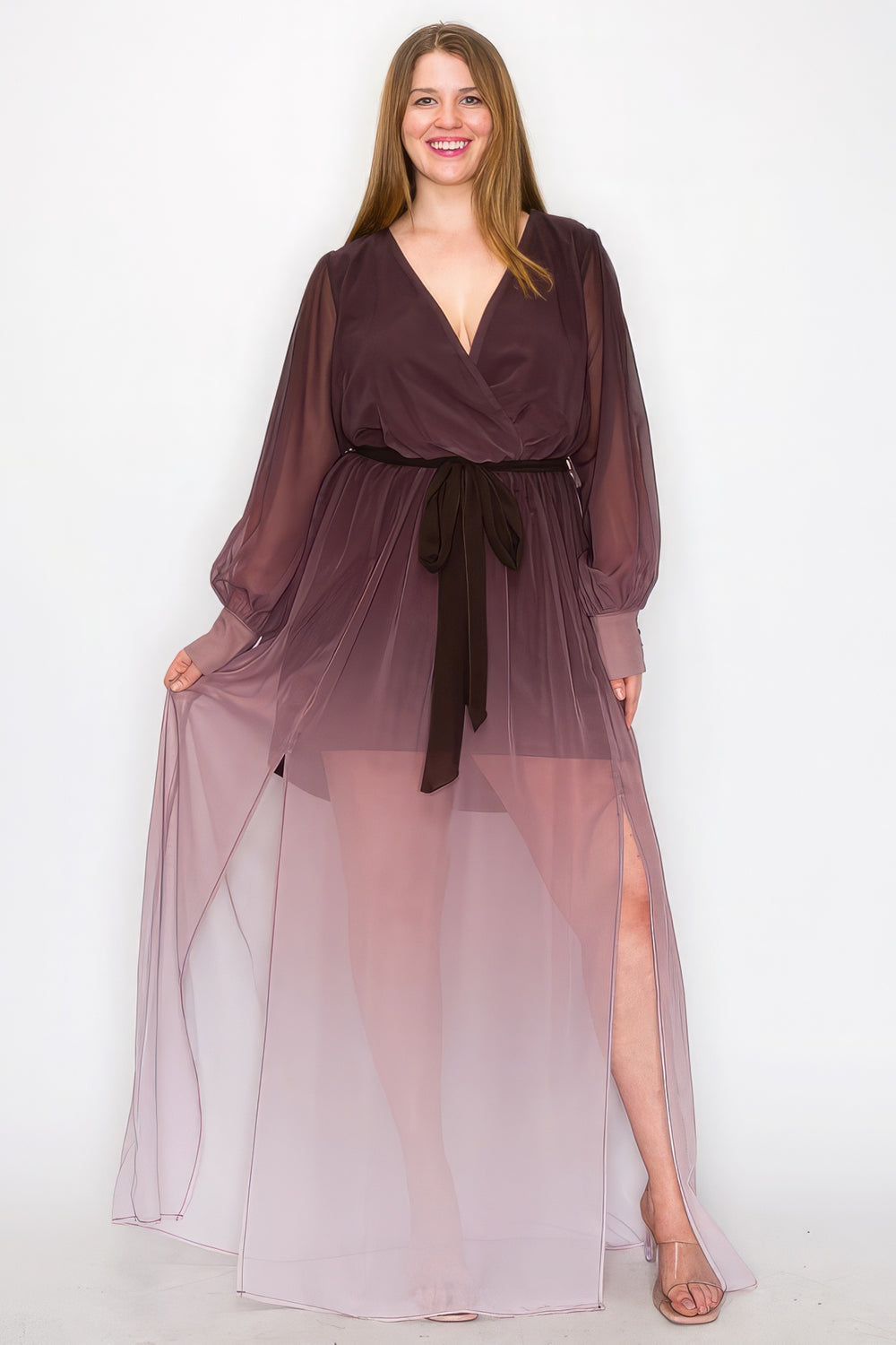 Elegant Ombre Chiffon Wrap Front Long Sleeve Tie Waist Slit Front Maxi Dress - Plus Size
