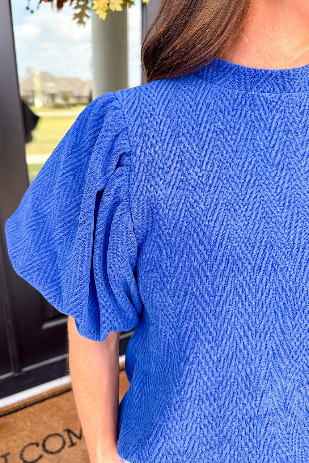 Sky Blue Solid Textured Puff Sleeve Mock Neck Blouse - Elegant & Modern