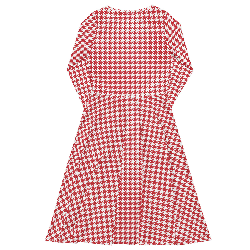 Chic Red and White Houndstooth Long-Sleeve Midi Dress with Pockets