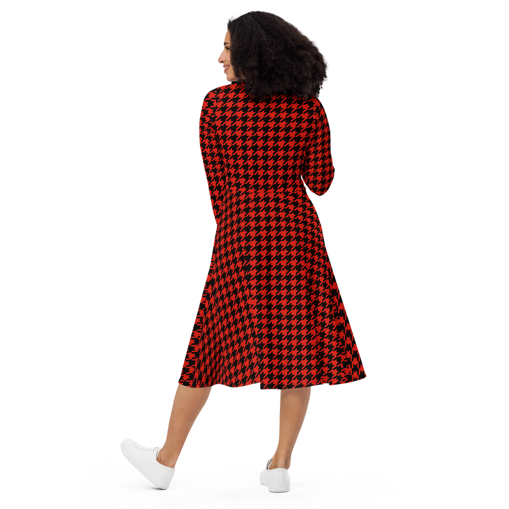 Red & Black Houndstooth Long Sleeve Midi Dress with Pockets