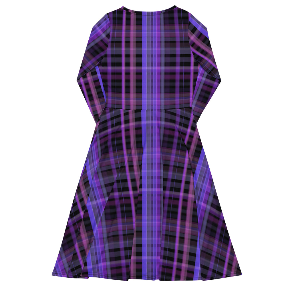 Purple Plaid Midi Dress with Long Sleeves