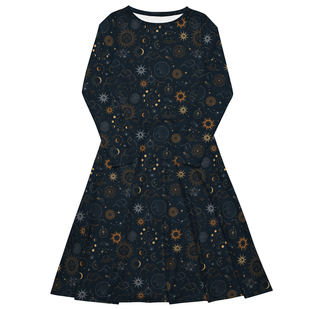 Celestial Pattern Long Sleeve Midi Dress with Handy Side Pockets