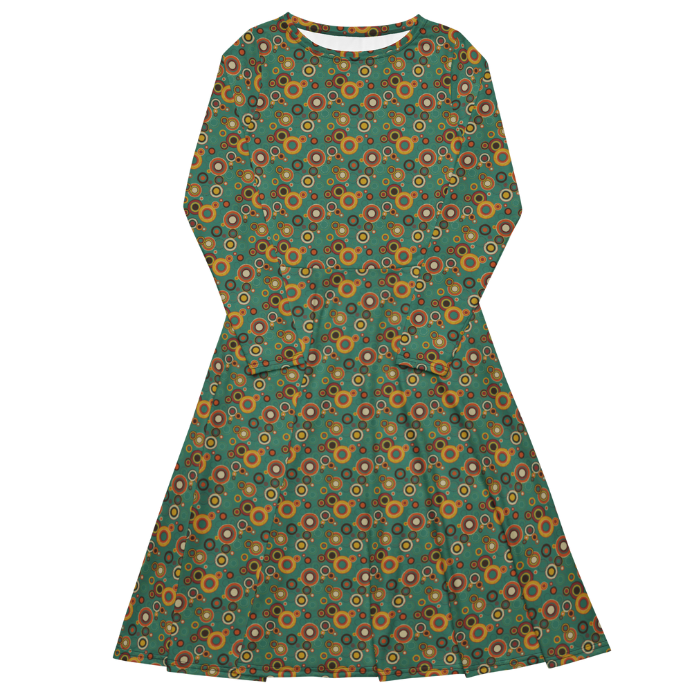 Retro Floral Long Sleeve Midi Dress with Pockets