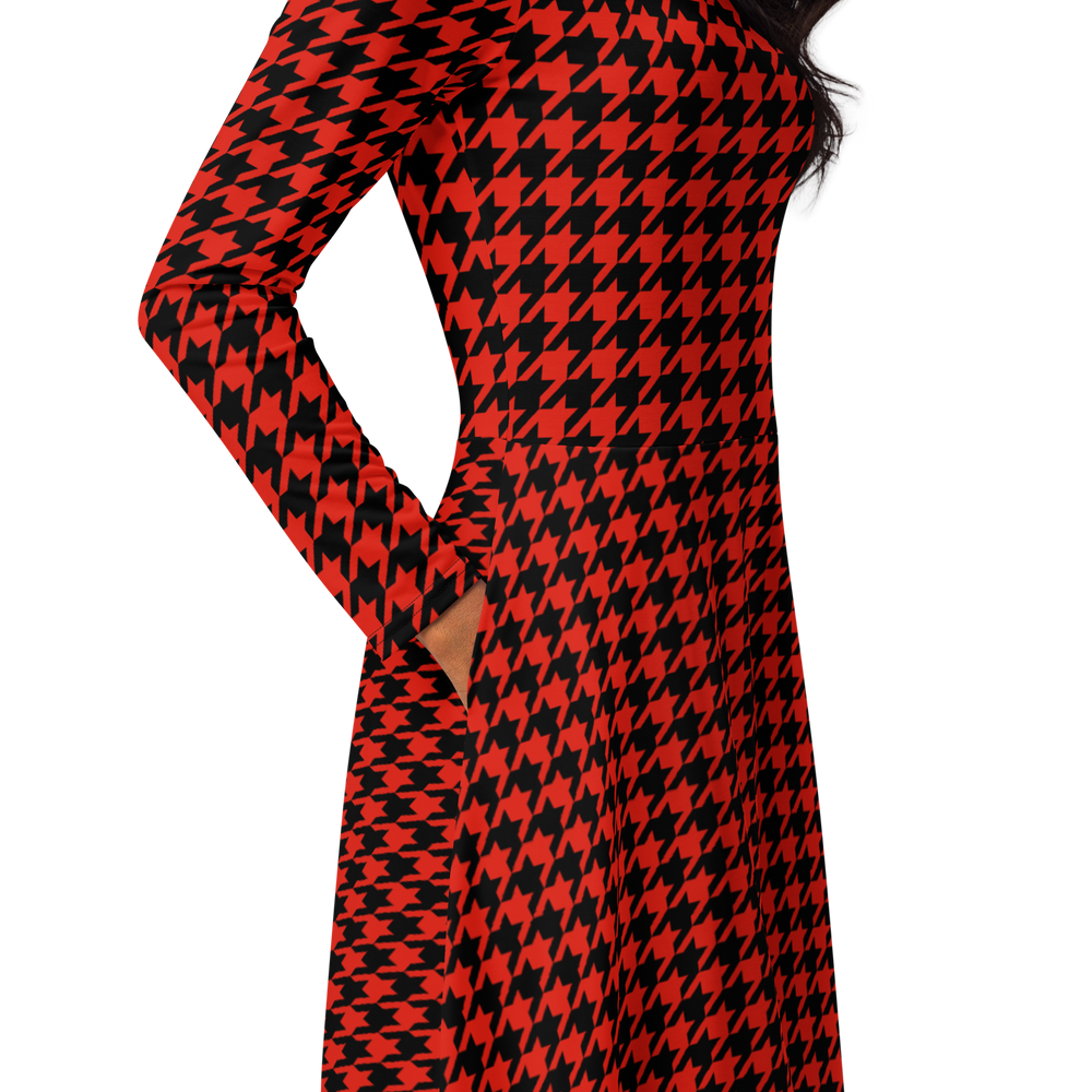 Red & Black Houndstooth Long Sleeve Midi Dress with Pockets