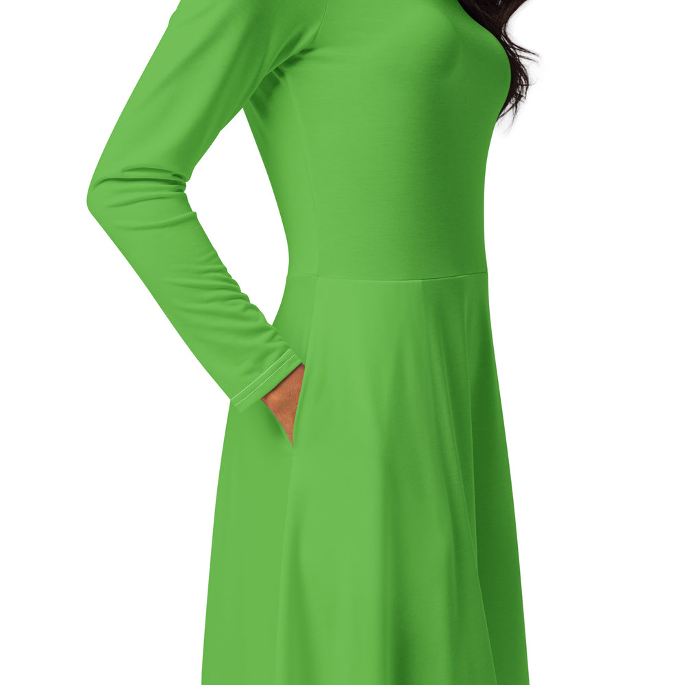 Chic Kelly Green Long Sleeve Midi Dress with Pockets