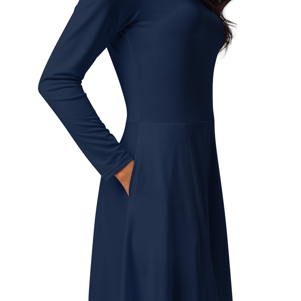 Chic Navy Long Sleeve Midi Dress with Pockets