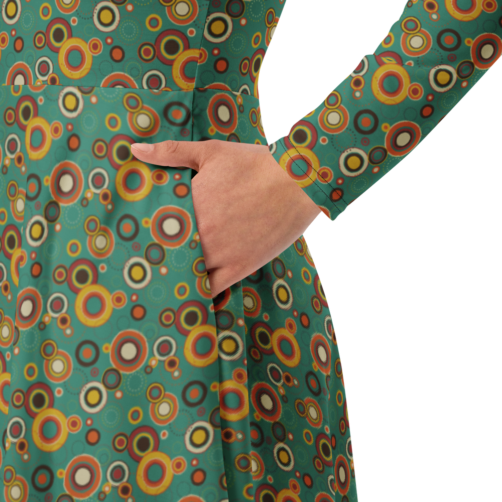 Retro Floral Long Sleeve Midi Dress with Pockets