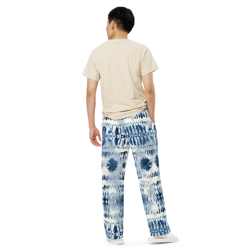 Blue Tie-Dye Wide Leg Unisex Comfy Pants with Pockets