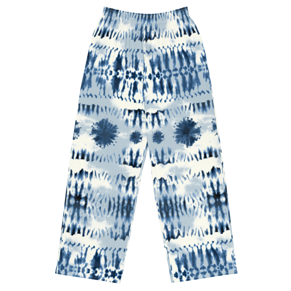 Blue Tie-Dye Wide Leg Unisex Comfy Pants with Pockets