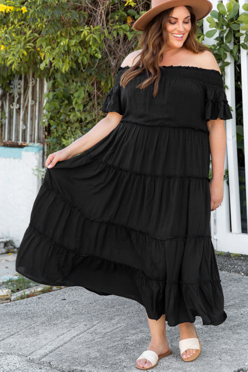 Chic Plus Size Black Smocked Off Shoulder Frill Tiered Maxi Dress