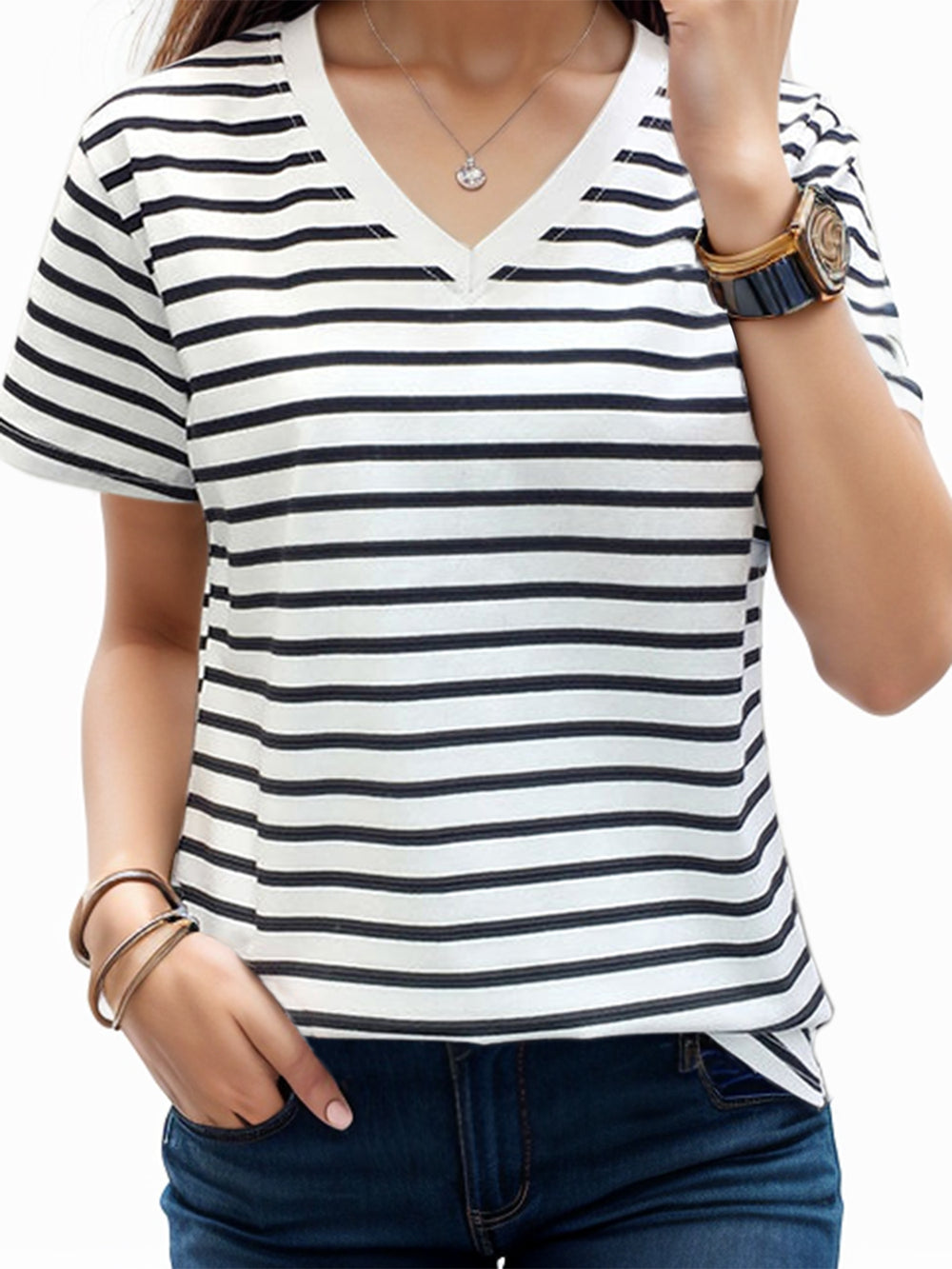 Plus Size Striped V-Neck Short Sleeve T-Shirt - 100% Cotton