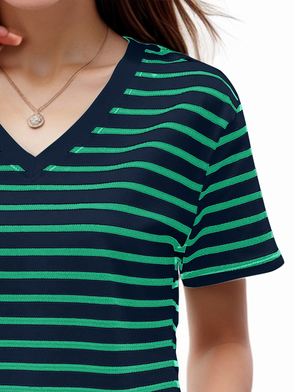 Plus Size Striped V-Neck Short Sleeve T-Shirt - 100% Cotton