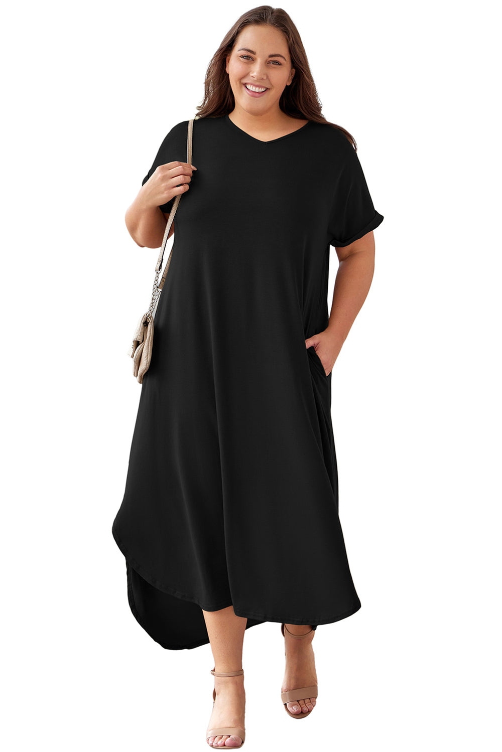 Black Plus Size V Neck Maxi Dress with Rolled Cuffs