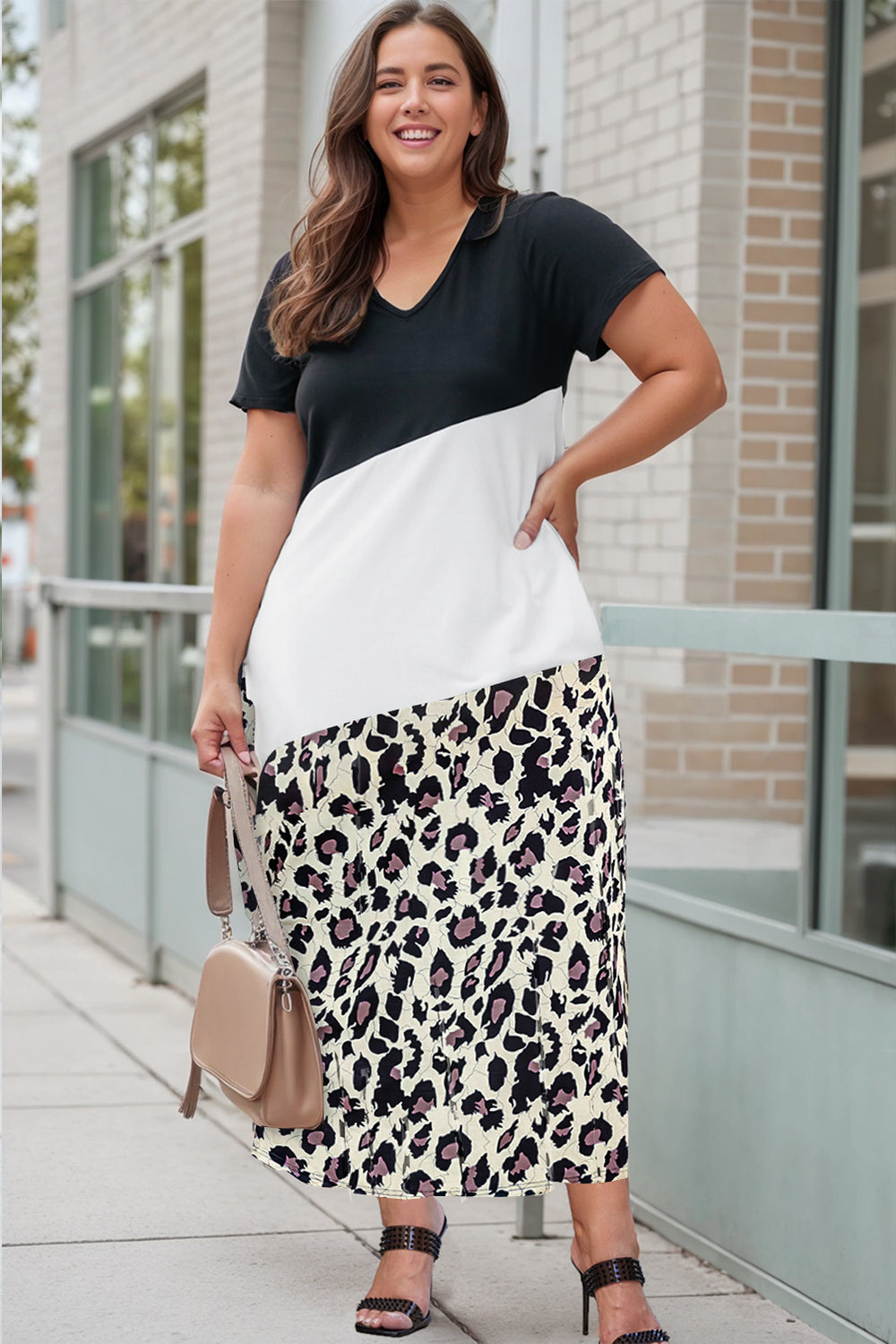 Black Leopard Color Block V Neck Plus Size Long Dress - Casual Chic Elegance with a Wild Touch