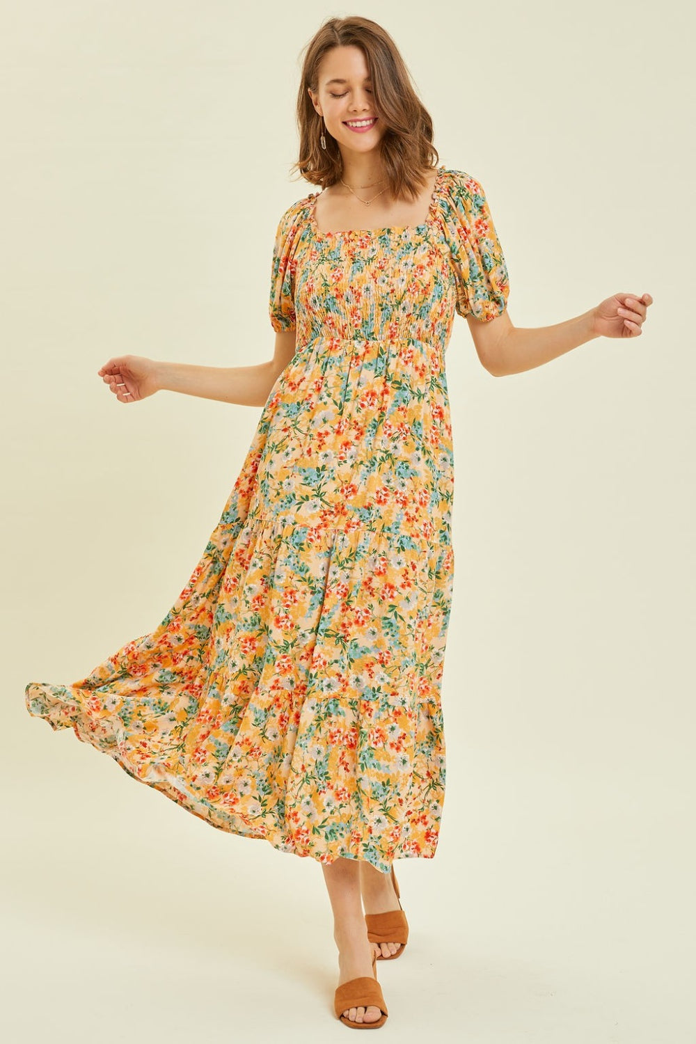 HEYSON Full Size Floral Smocked Tiered Midi Dress - Gem of Summer Collection