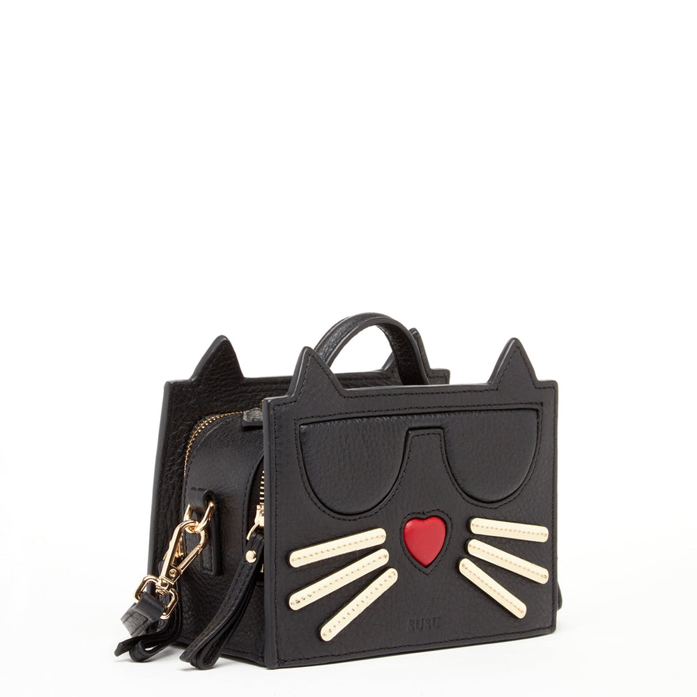 Luxurious Italian Black Leather Cat Crossbody Bag