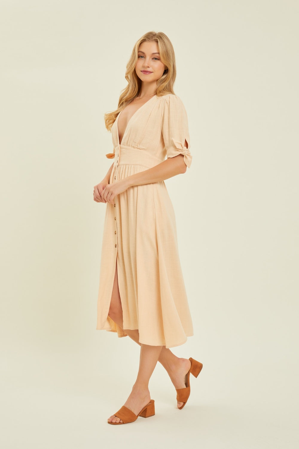 HEYSON Full Size Textured Linen V-Neck Button-Down Elegance Midi Dress