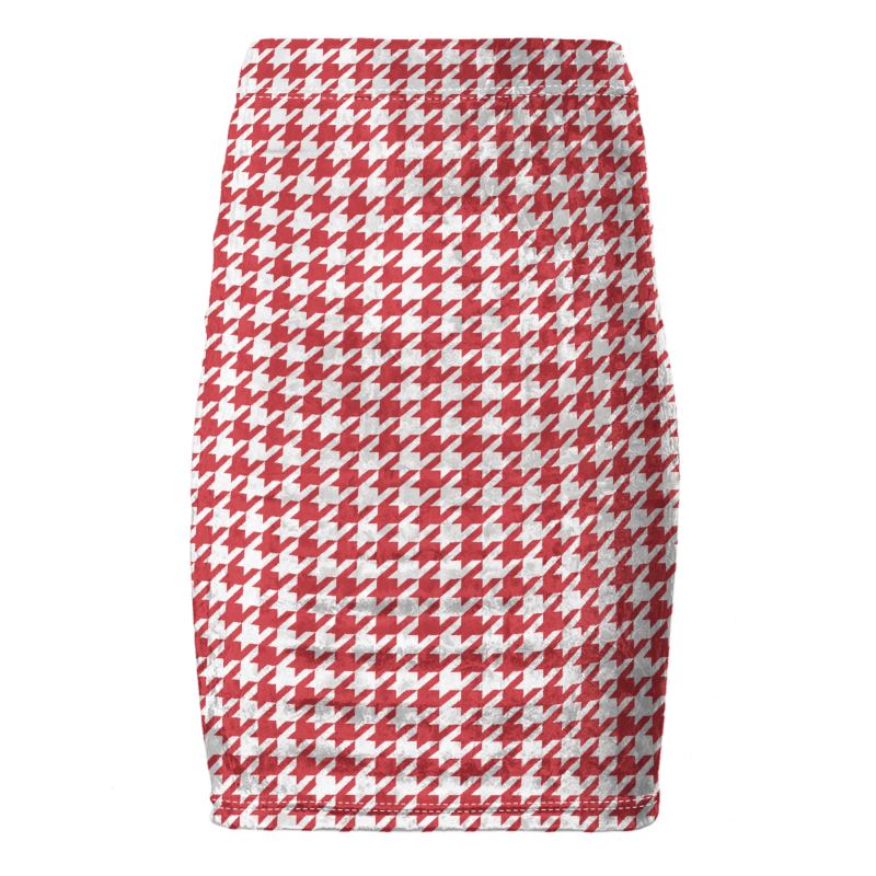 Chic Red & White Houndstooth High-Waisted Pencil Skirt