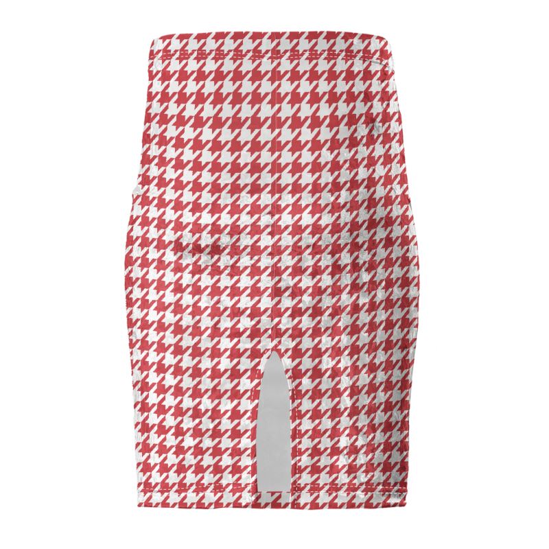 Chic Red & White Houndstooth High-Waisted Pencil Skirt
