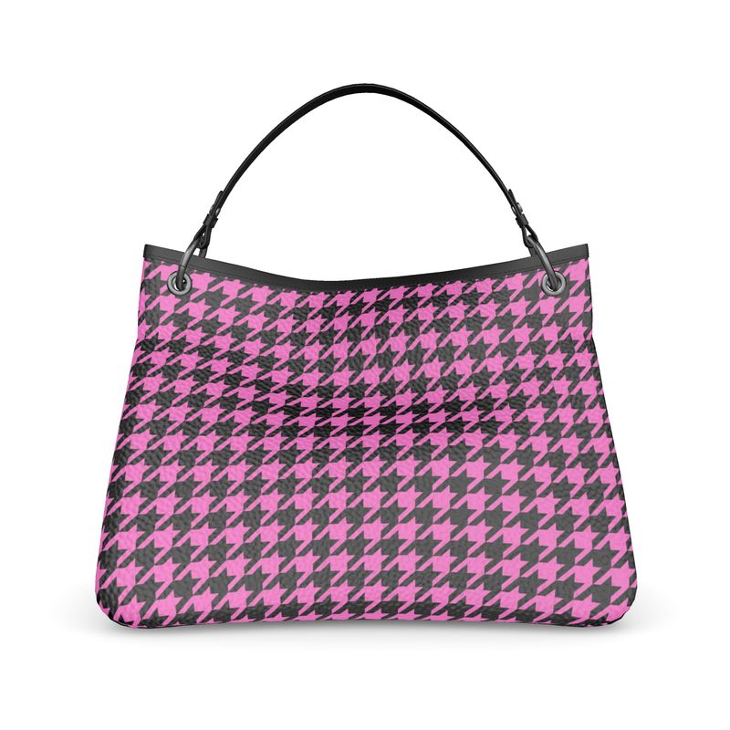 Chic Pink Houndstooth 'Talbot' Slouch Bag - Handmade Full-Grain Leather Casual Style