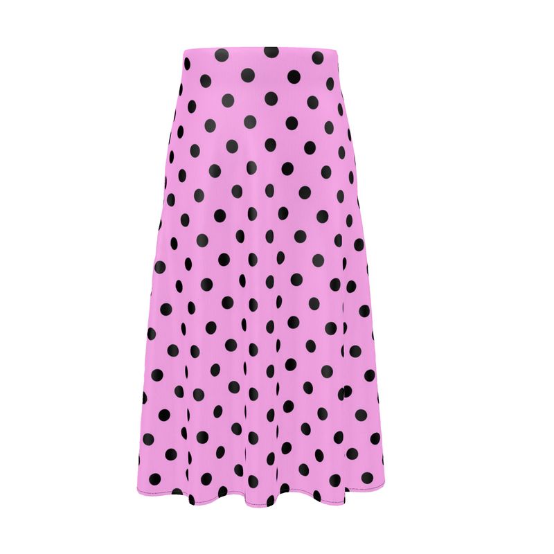 Chic Pink and Black Polkadot A-Line Midi Skirt with a Sensual Silk Appeal