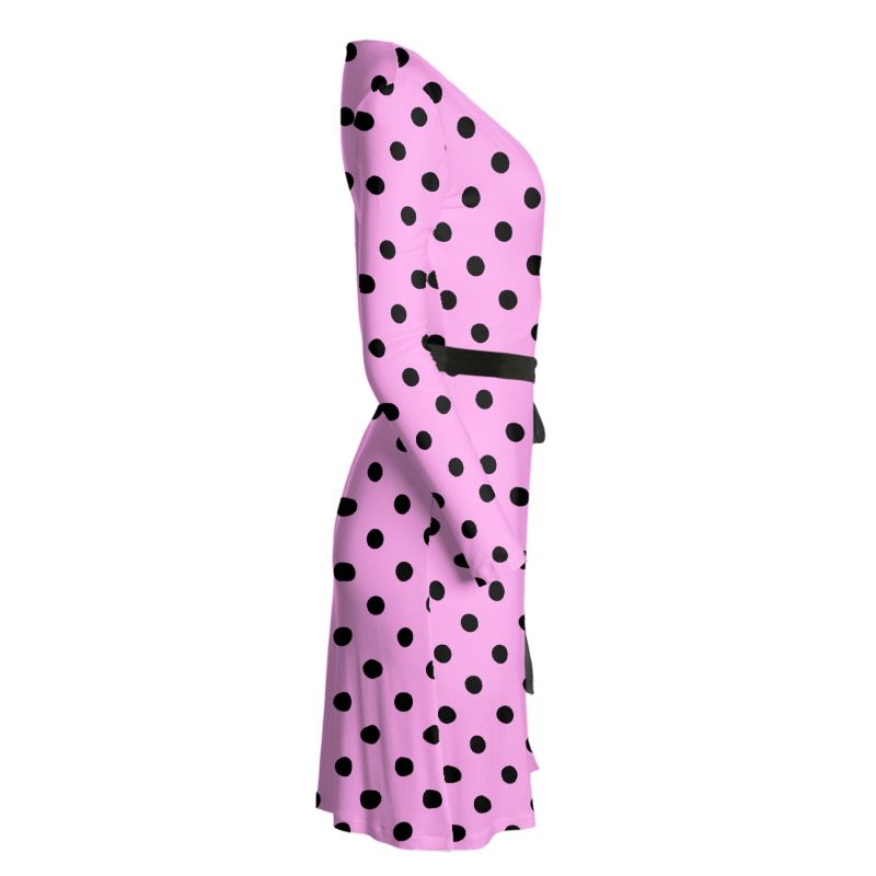 Elegant Black and Pink Polkadot Long Sleeve Wrap Dress