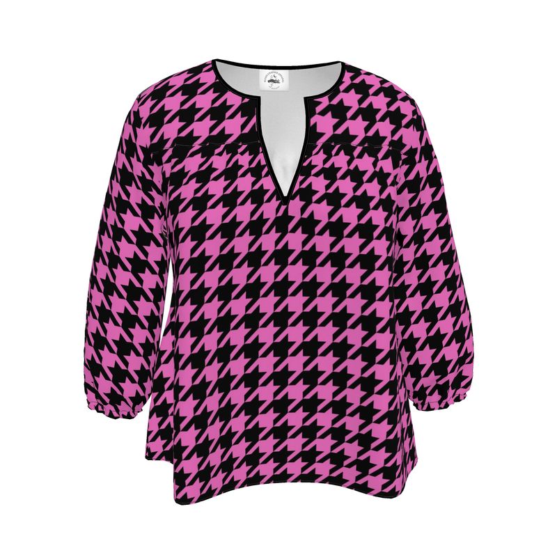 Chic Pink Houndstooth Blouse with High-Low Hemline and Sweetheart Neck