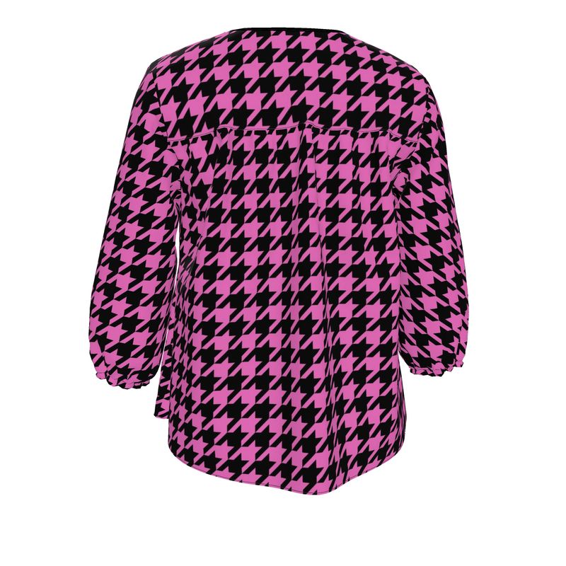 Chic Pink Houndstooth Blouse with High-Low Hemline and Sweetheart Neck