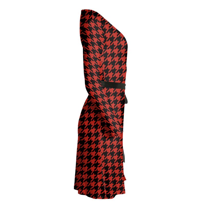 Elegant Red and Black Houndstooth Long Sleeve Wrap Dress