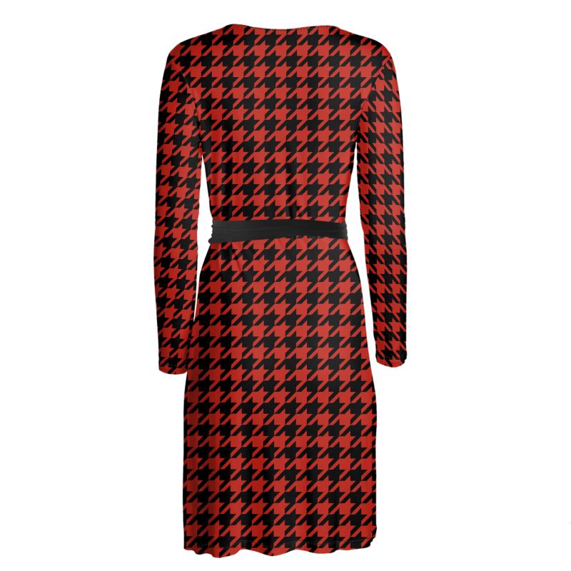 Elegant Red and Black Houndstooth Long Sleeve Wrap Dress