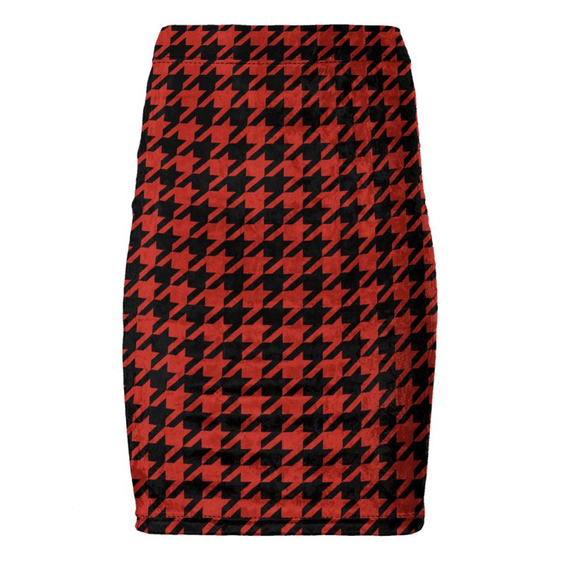 Elegant Red and Black Houndstooth Pencil Skirt with High-Waist Design and Back Slit