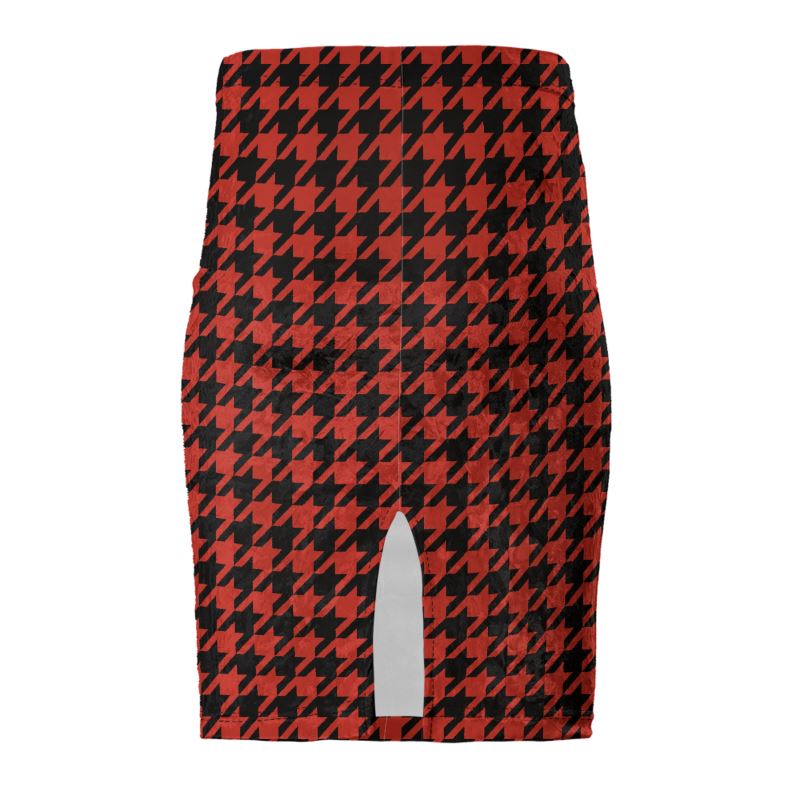Elegant Red and Black Houndstooth Pencil Skirt with High-Waist Design and Back Slit