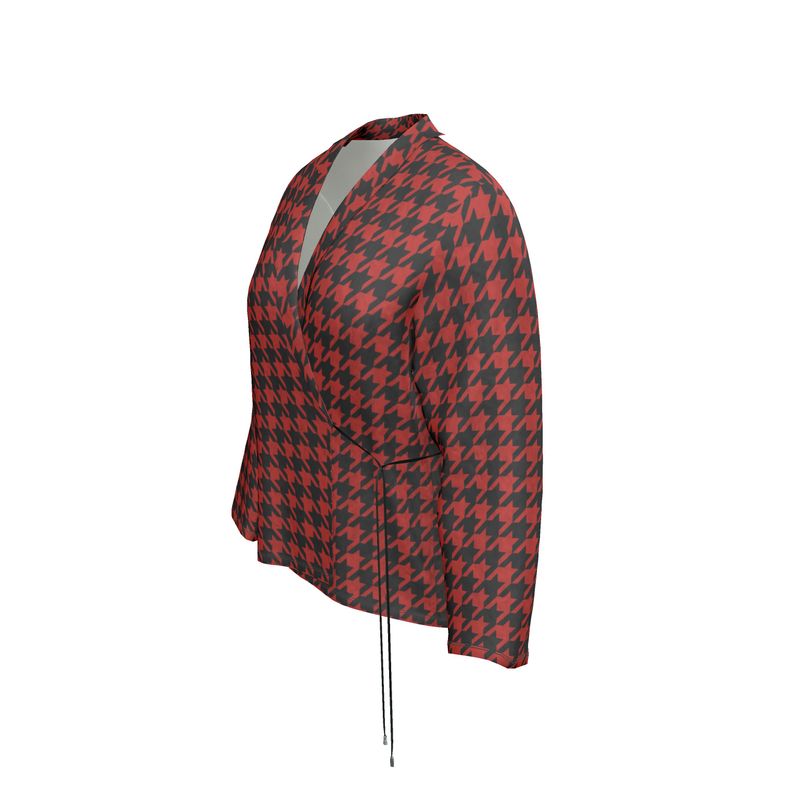 Sophisticated Red and Black Houndstooth Wrap Blazer - Dual Texture Options
