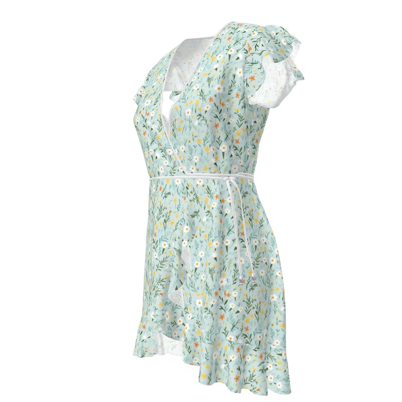 Romantic Spring Floral Tea Dress, Sleeveless Wrap Style with Feminine Flounce Detailing