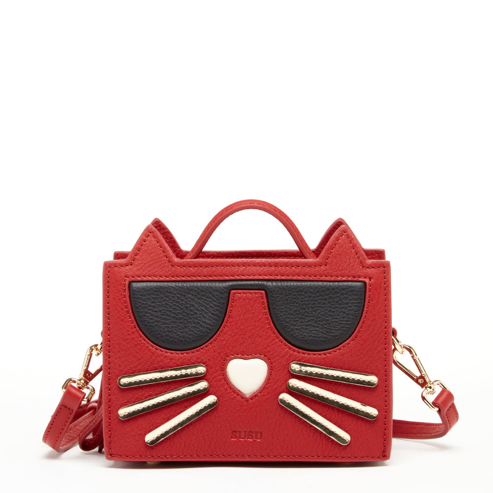 Italian Leather Cat Crossbody Bag in Vibrant Red