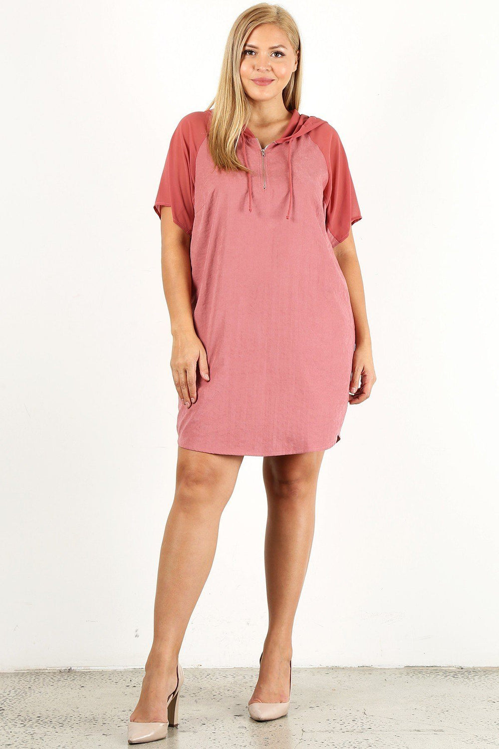 Plus Size Solid Mauve Dress with Zip-Up Closure and Hoodie