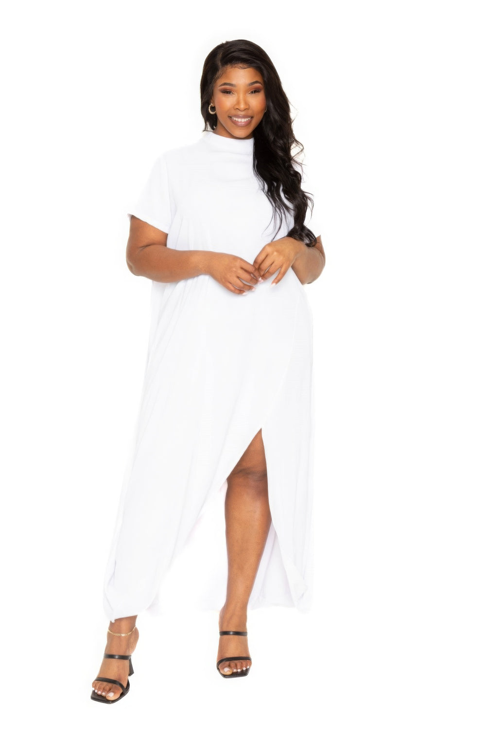 Alluring Plus Size White Mock Neck Back Cape Dress - Embrace Elegance and Comfort
