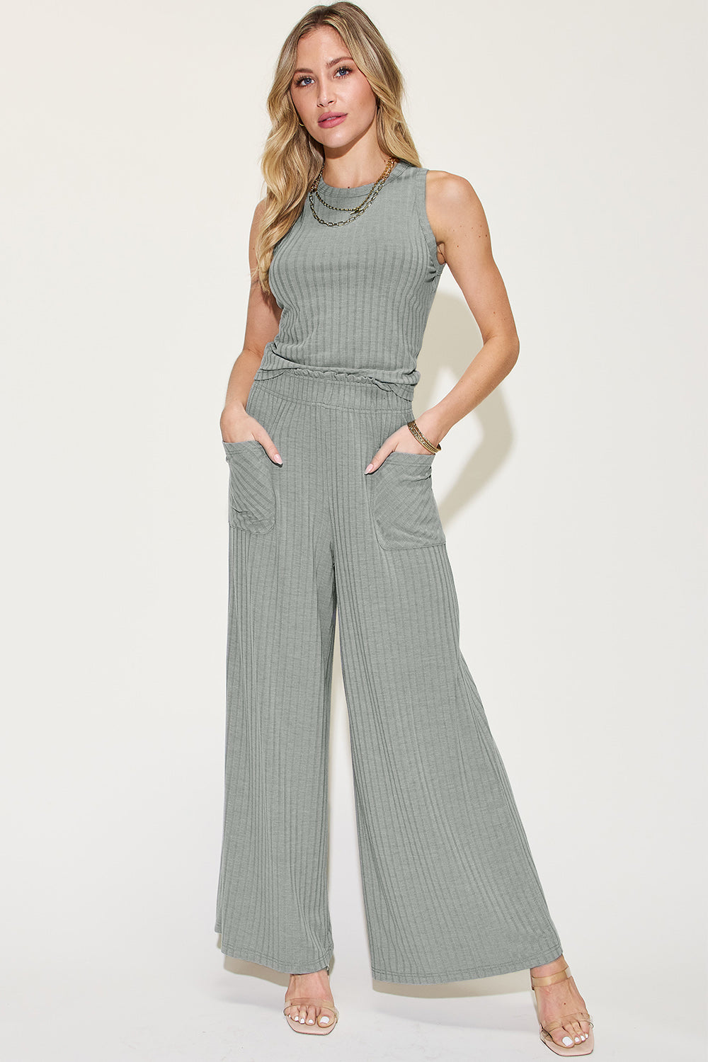 Basic Bae Full Size Ribbed Tank and Wide Leg Pants Set - Clothing Ensemble for All-Day Comfort