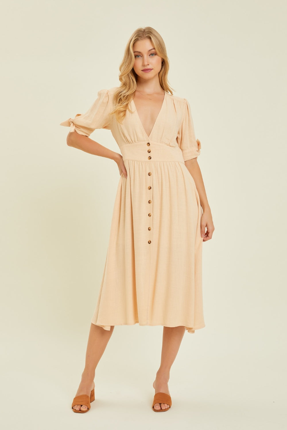 HEYSON Full Size Textured Linen V-Neck Button-Down Elegance Midi Dress