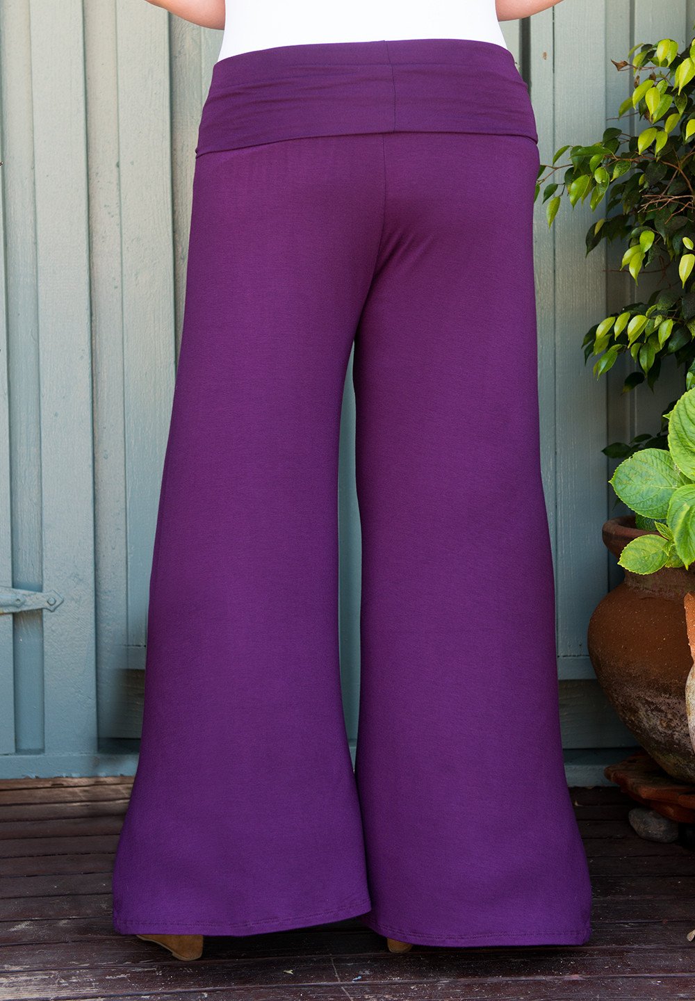 Classic Jersey-Knit Eggplant Purple Wide Boot Cut Pants