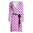 Black and Pink Polkadot Long Sleeve Wrap Dress