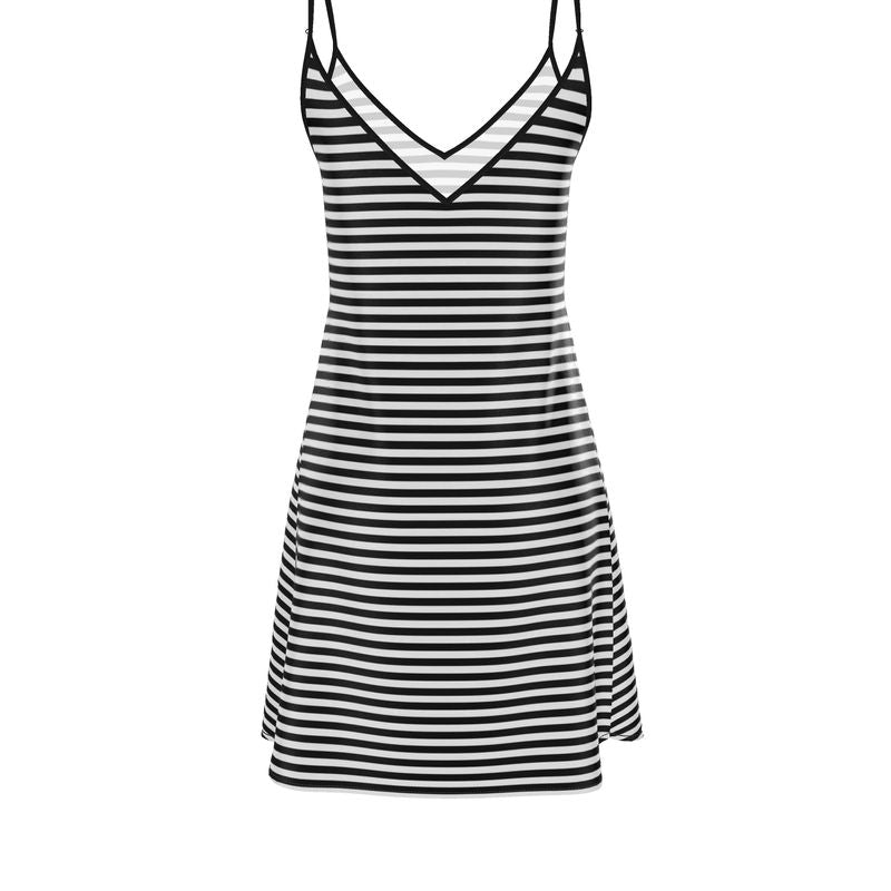 Sophia Slip Dress: Elegant Black & White Stripe Mini Dress in Luxurious Fabrics