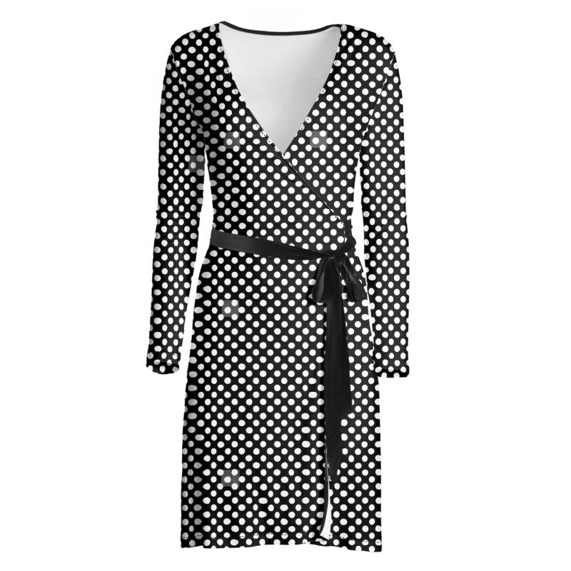 Black and White Polkadot Long Sleeve Wrap Dress