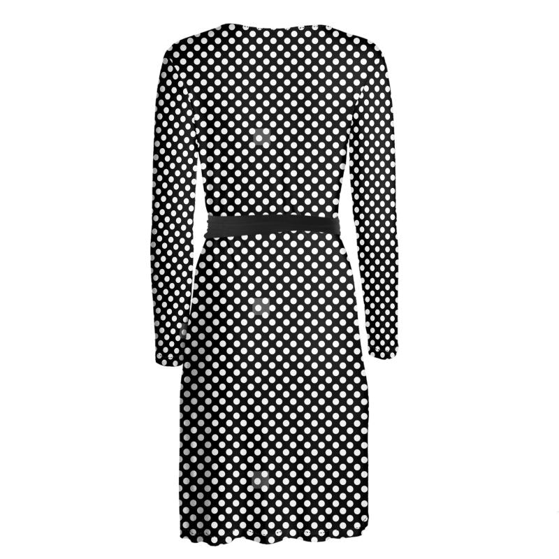 Black and White Polkadot Long Sleeve Wrap Dress