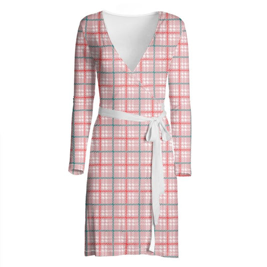 Elegant Pink Plaid Long-Sleeve Wrap Dress