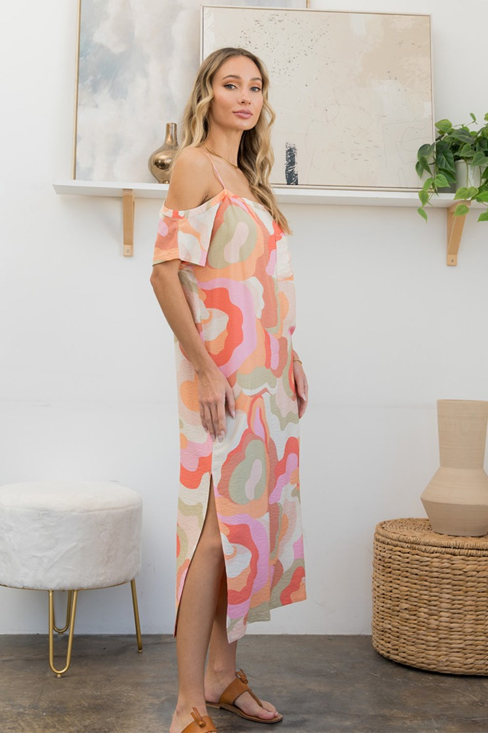 Sew In Love Chic Printed Side Slit Midi Dress - Full Size