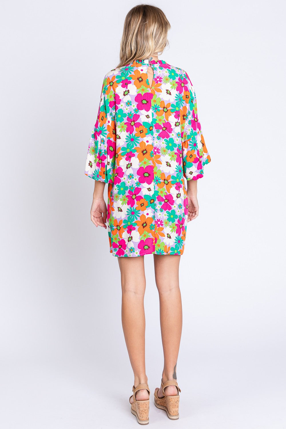 GeeGee Full Size Floral Round Neck Lantern Sleeve Chic Mini Dress